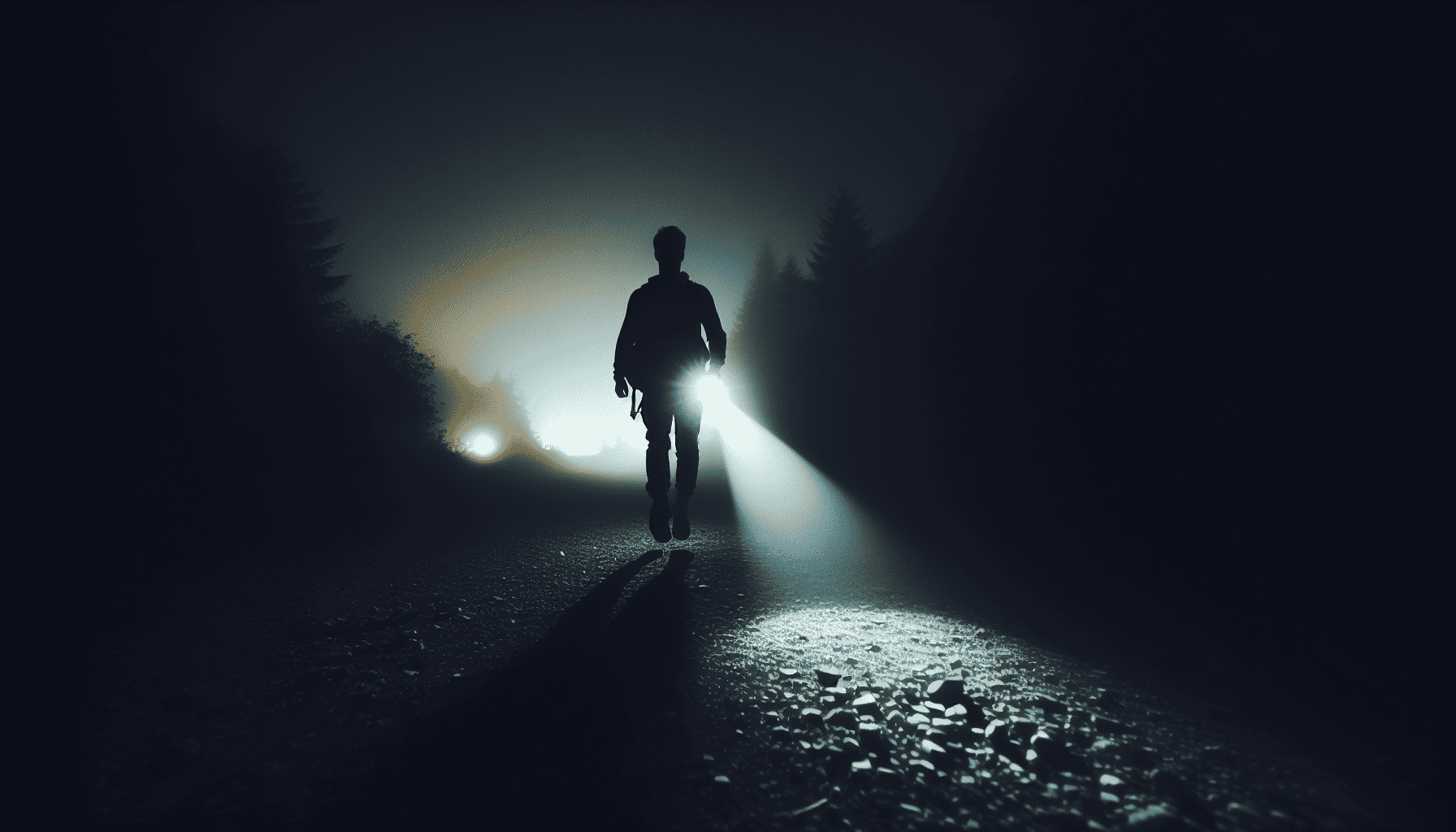 Person using a flashlight while walking at night