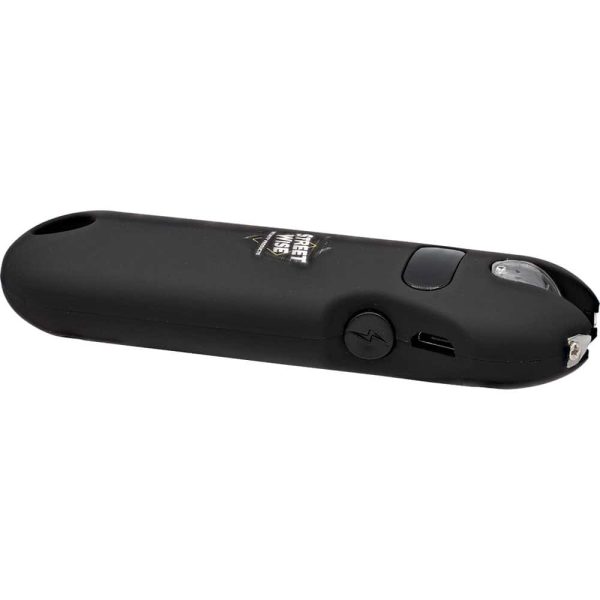 Black multipurpose safety device with built-in flashlight and taser function for personal protection.