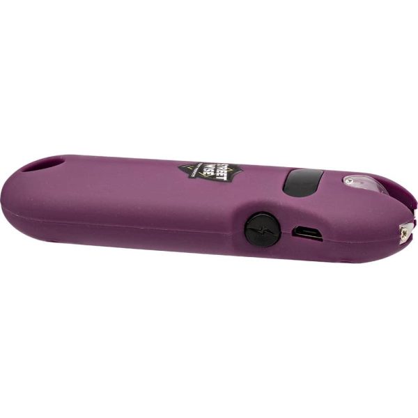 Purple rechargeable stun gun flashlight on white background.