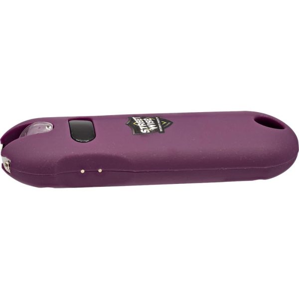 Purple stun gun with safety switch and flashlight, ideal for personal security and self-defense.
