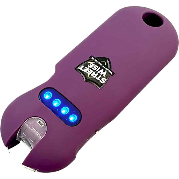 Purple personal safety device with blue lights, branded with Streetwise, designed for handheld use and protection.