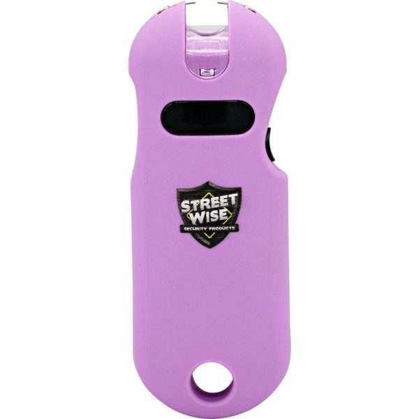 Purple Streetwise stun gun with safety switch, rechargeable, ideal for personal security.