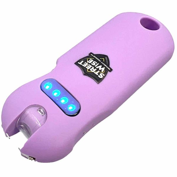 Purple self-defense stun gun with blue LED lights and Streetwise logo.