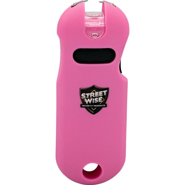 Pink Streetwise stun gun for self-defense, compact design with a safety switch, ideal for personal security needs.