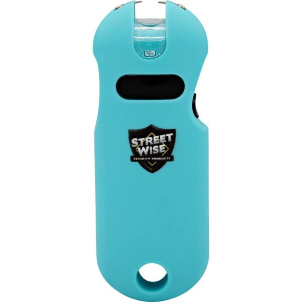 Blue StreetWise stun gun with protective case and logo for personal security.