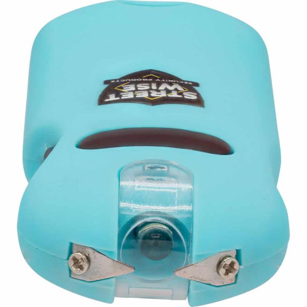 Blue personal alarm device with sharp blades and brand logo, ideal for safety and security.