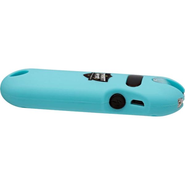 Blue portable stun gun with a compact design, featuring a safety switch and charging port for personal security use.