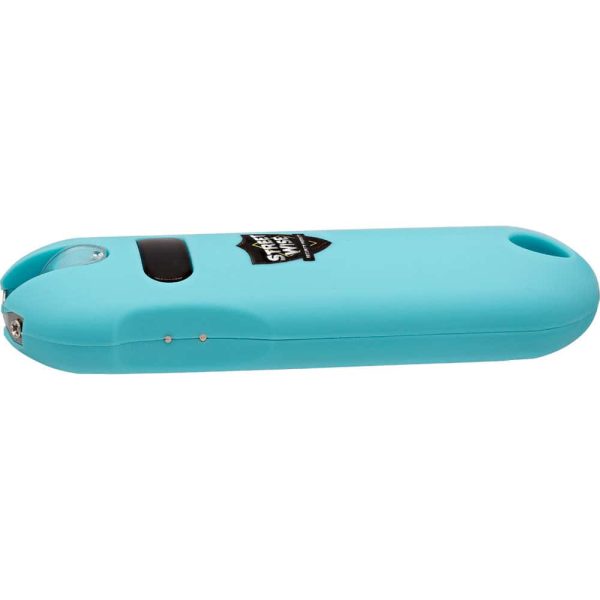 Teal stun gun with safety features, compact design, and Streetwise Smart LED light for personal protection.