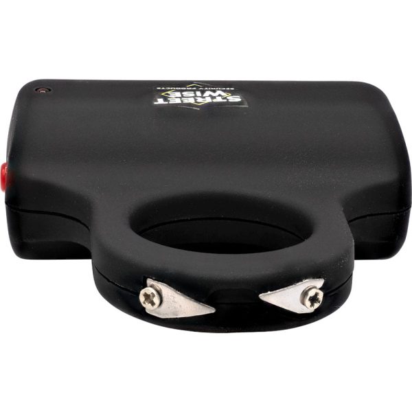 Black handheld safety device with knuckle grip and metal prongs, ideal for personal defense and security.