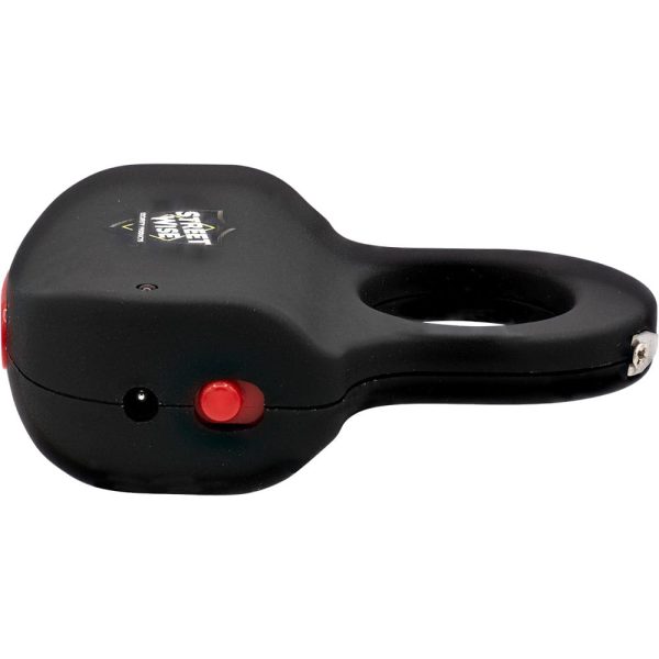 Black handheld stun gun with a loop handle and red buttons for safety and ease of use.