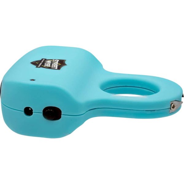 Turquoise handheld personal alarm with a loop handle and a logo, designed for safety and easy carrying.