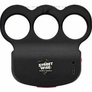 Black knuckle stun gun device with Streetwise logo, featuring USB charging port.