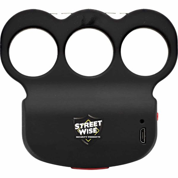 Black knuckle stun gun device with Streetwise logo, featuring USB charging port.