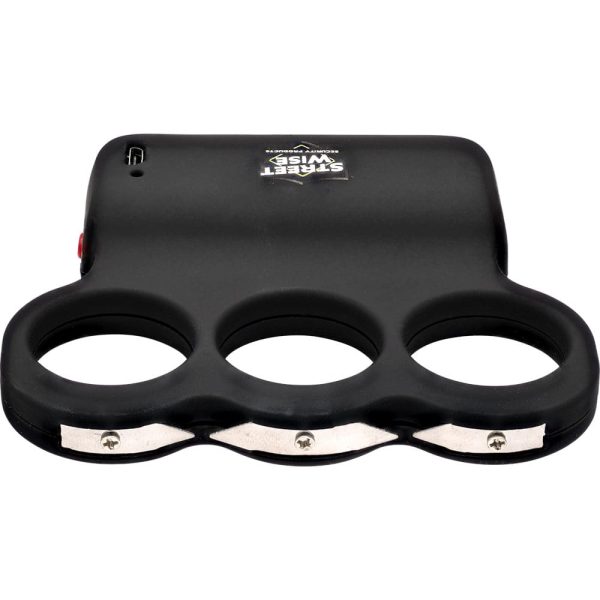 Black self-defense knuckle stun gun with three finger holes and metal contact points, ideal for personal safety.