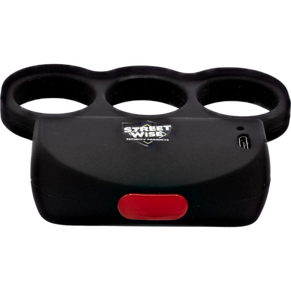 Black knuckle stun gun with red button and Street Wise logo, featuring safety and security features.