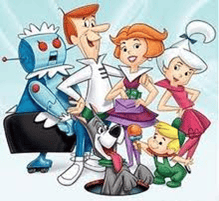 Animated futuristic family with robot and dog, colorful outfits, smiling together, showcasing a retro-futuristic theme.