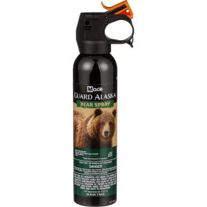 Guard Alaska Bear Spray canister with black casing and an orange safety clip on the top, shown against a white background.