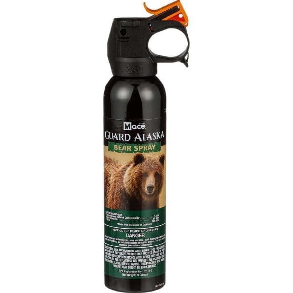 Guard Alaska Bear Spray canister with black casing and an orange safety clip on the top, shown against a white background.