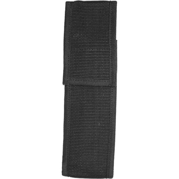 Black tactical knife sheath with durable nylon fabric, designed for secure and easy carrying of utility knives.
