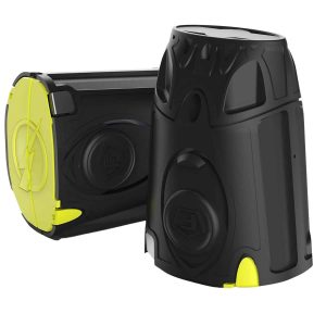 Black and yellow tactical speaker pair with sleek design, ideal for outdoor audio experiences.