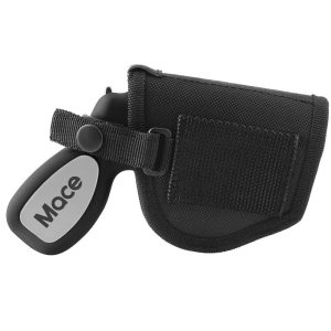 Black mace spray with protective holster for personal safety.