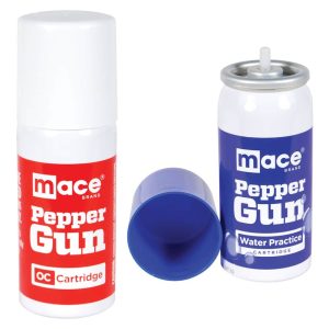 Mace Pepper Gun OC Cartridge and Water Practice Cartridge for self-defense training.