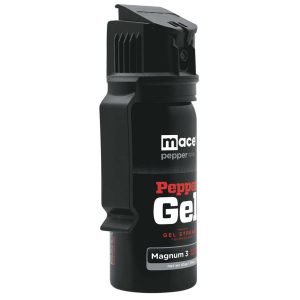 Mace Pepper Gel Spray, Magnum 3, black canister for self-defense, safety product, close-up image.