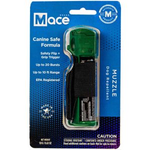 Mace Brand dog repellent spray package with canine-safe formula and safety flip grip trigger, up to 10 ft range.