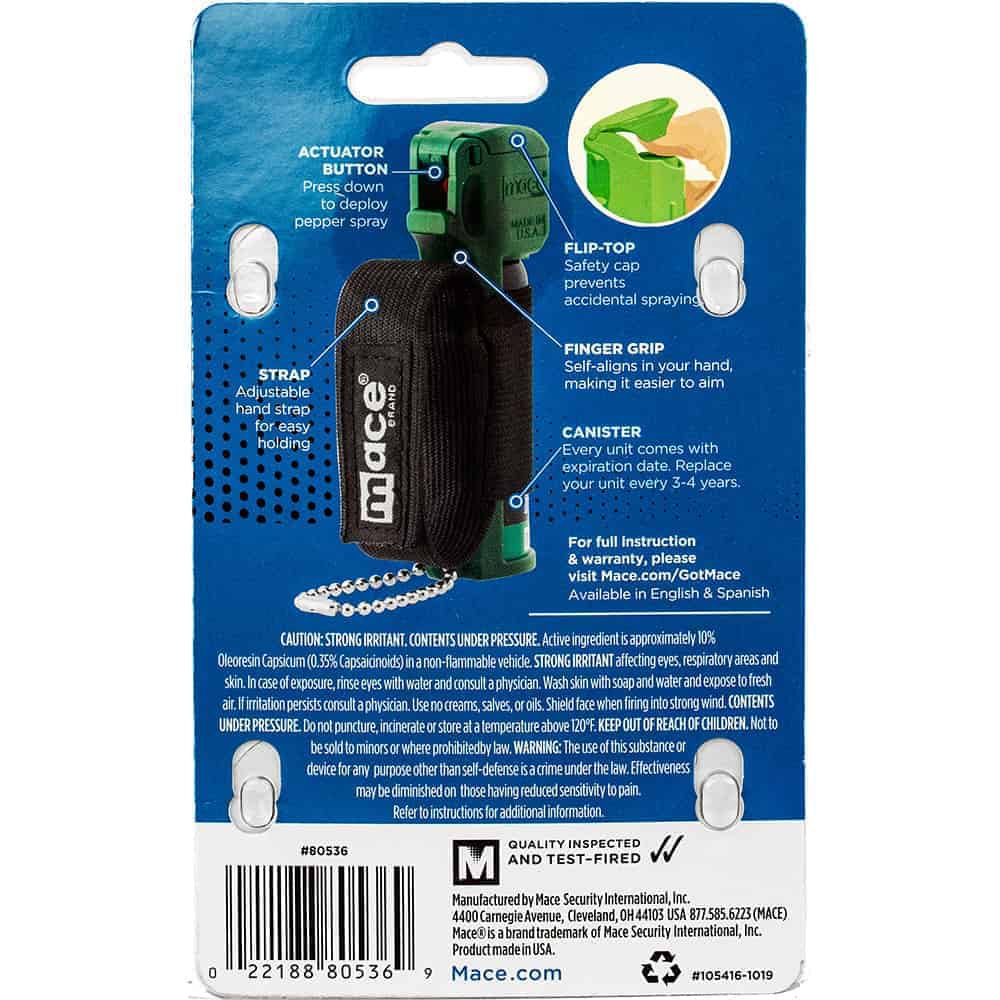 Mace pepper spray package with strap, flip-top safety cap, and finger grip for easy use and secure handling.