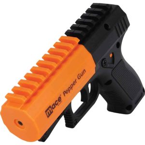 Bright orange Mace pepper spray gun with black grip handle, designed for personal self-defense.