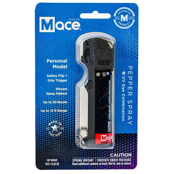 Mace pepper spray package, personal model with safety flip, up to 20 bursts, and 12 ft range on blue background.