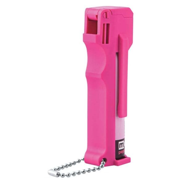 Pink pepper spray keychain for personal safety, featuring a compact design with a clip and chain.