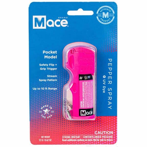 Pink Mace pepper spray in packaging with safety features, 10 ft range, and UV dye. Made in USA. Authentic Mace product.