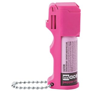 Pink Mace pepper spray with keychain, ideal for personal self-defense and safety.