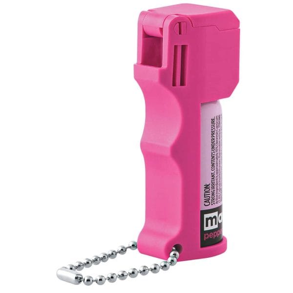 Pink pepper spray canister with keychain for personal safety and self-defense. Compact design.