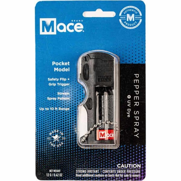 Mace pepper spray package, pocket model with safety flip, 10 ft range, black with UV dye, made in the USA.