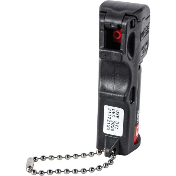 Black pepper spray with safety chain, ready for use. Ideal for personal safety or self-defense needs.