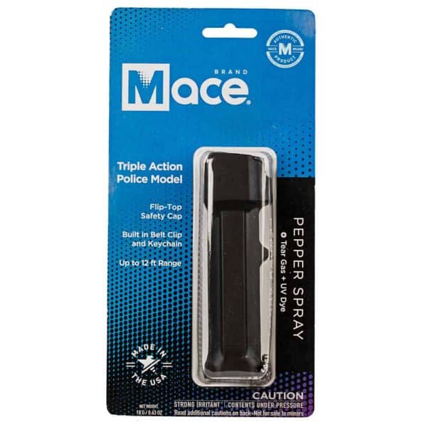 Mace Triple Action Police Model Pepper Spray with flip-top cap, belt clip, keychain, 12 ft range. Made in the USA.