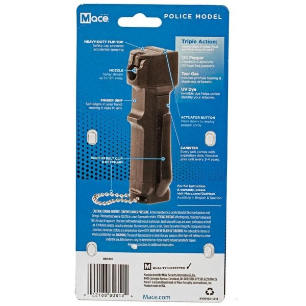Mace police model pepper spray package showing features like flip-top safety cap, nozzle, and built-in belt clip.