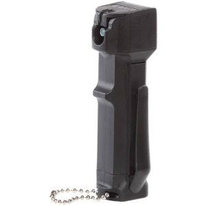 Compact black pepper spray with pocket clip and keychain attachment for personal security.