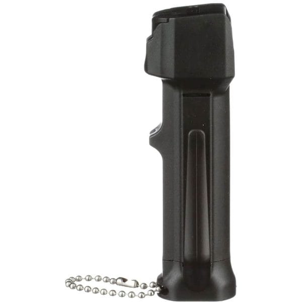 Black pepper spray canister with safety chain, side view, isolated on white background.