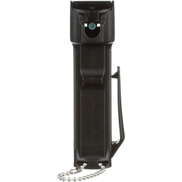 Black handheld pepper spray with clip and chain for personal safety.