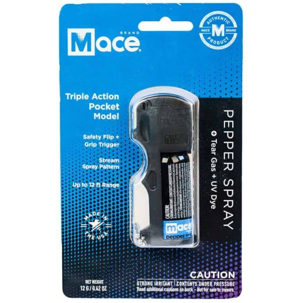 Mace Triple Action Pocket Model Pepper Spray in packaging, features safety flip, grip trigger, 12 ft range.