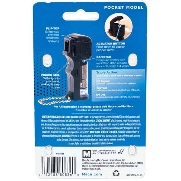 Back packaging of Mace Pocket Model pepper spray highlighting features like flip-top cap, finger grip, and triple action formula.