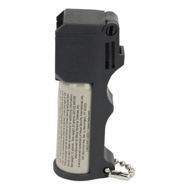 A black pepper spray canister with safety features and a keychain attachment, ideal for personal self-defense.