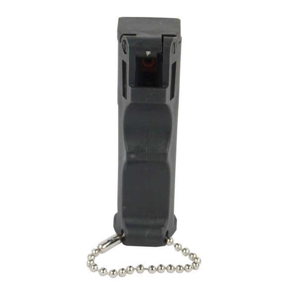 Black pepper spray with a pocket-friendly design and keychain, ideal for personal safety and self-defense.
