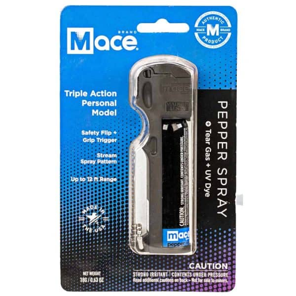 Mace brand pepper spray package featuring triple action model with safety flip, grip trigger, and 12 ft range.