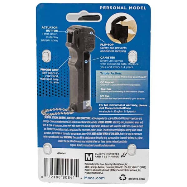 Back of Mace pepper spray packaging detailing features: actuator button, flip-top safety, canister info, and triple action.