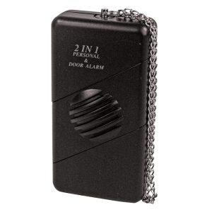 2-in-1 personal and door alarm with chain. Portable black security device designed for safety and protection.