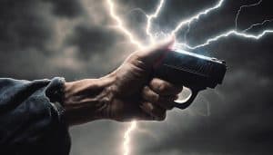 Hand holding a stun gun with electric sparks in stormy sky, symbolizing power and protection.